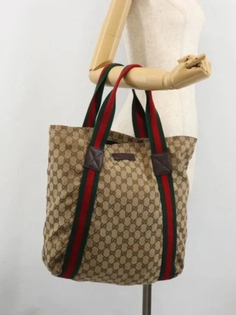 GUCCI GG Canvas Web Sherry Line Tote Bag Beige 189669 Auth mr2577A
